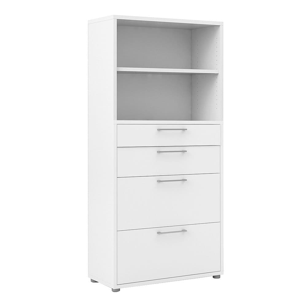 Business Pro Bookcase 4 Shelves with 2 Drawers + 2 File Drawers in White